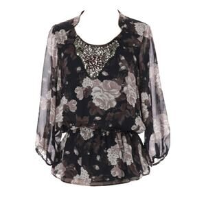 Ellen Tracy Sheer Bead Embellished Top Black & Tan